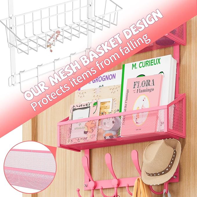 Kaiferty Over The Door Hooks Organizer, Coat Rack Over The Door Storage Hanger Towel Rack, Back of Door Storage Organizer for Bathroom,Bedroom,Kitchen,Office (Pink, 4-Tier)