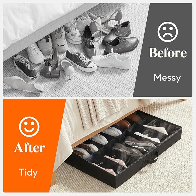 Lifewit 2-Pack Under Bed Shoe Storage, 4.3 Inches Low Profile Fabric Slim Shoe Organizer for Closet with Clear Cover, Set of 2 Thin Stackable Shoe Boxes Hold 24 Pairs, Black