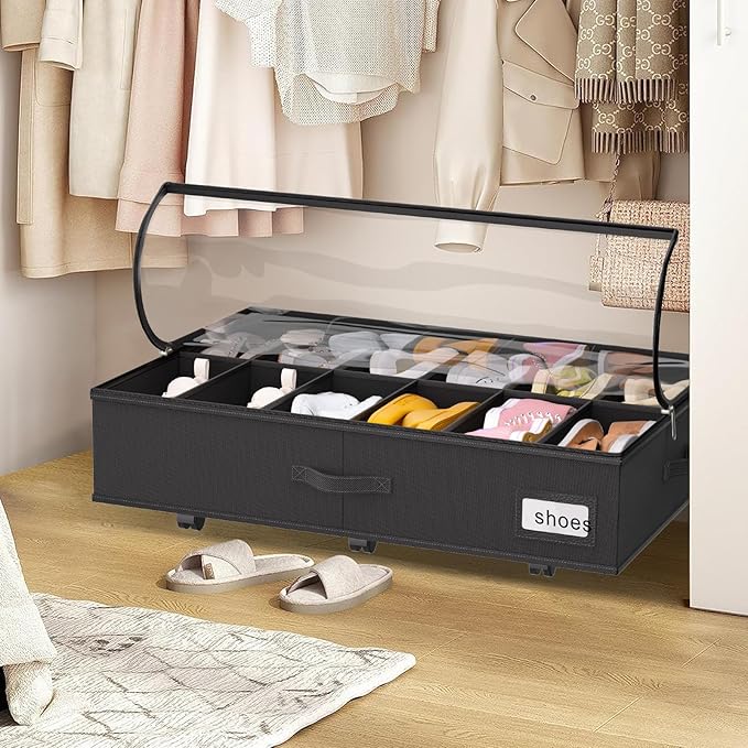 Under Bed Shoe Storage with Wheels, Fits 24 Pairs, Black