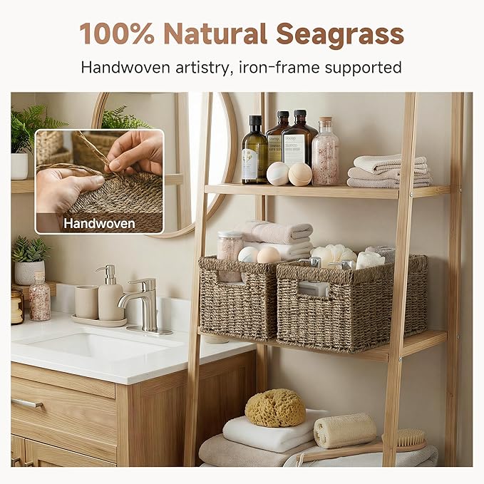 StorageWorks Wicker Storage Basket for Organizing, Medium Seagrass Storage Baskets with Built-in Handles for Pantry, Shelves,2-Pack