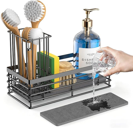 Yofidra Sponge Holder for Kitchen Sink, Sink Caddy Organizer with Stone Drying Mat, Kitchen Countertop Organizers and Storage Essentials, 304 Stainless Steel (Black, 9.3″)