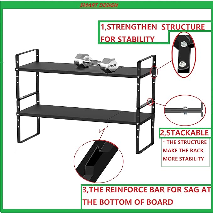 Jojocross Expandable Stackable Spice Rack Cabinet Shelf Organizer in Cabinets Shelves Kitchen Cupboard Organization Stack up Racks Pantry Countertop Storage Large/Black 1 Pack