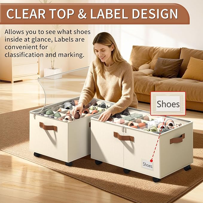 Foyego Shoe Organizer for Closet, Shoe Storage Organizer with Wheels and Adjustable Dividers, Stackable Shoe Storage Box with Clear Cover, Foldable Closet Shoe Organizer Fits up to 24-48 Pairs, Beige