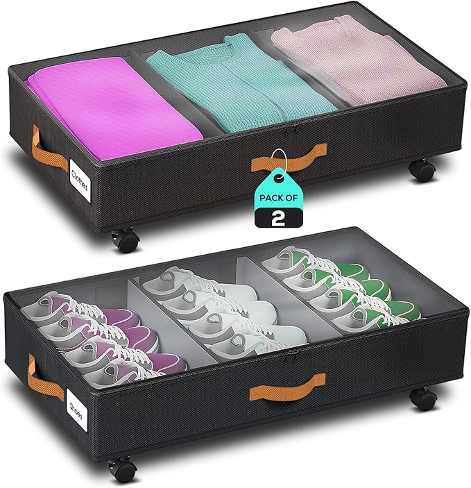 Under Bed Storage with Wheels, 2 Pack (36L Each)| Low Profile Storage Organizer with Clear Window, Double Zipper & 360° Locking Wheels – Rolling Metal Drawer for Clothes, Shoes, & More (Black)