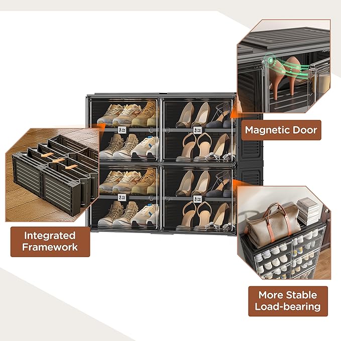 Vipbox Black Shoe Rack Organizer Cabinet for Closet Entryway,Clear Shoe Storage Boxes Stackable Sneaker Storage with Door Easy Assembly Shoe Cabinet with Lids Large 4 Tiers 16 Pairs