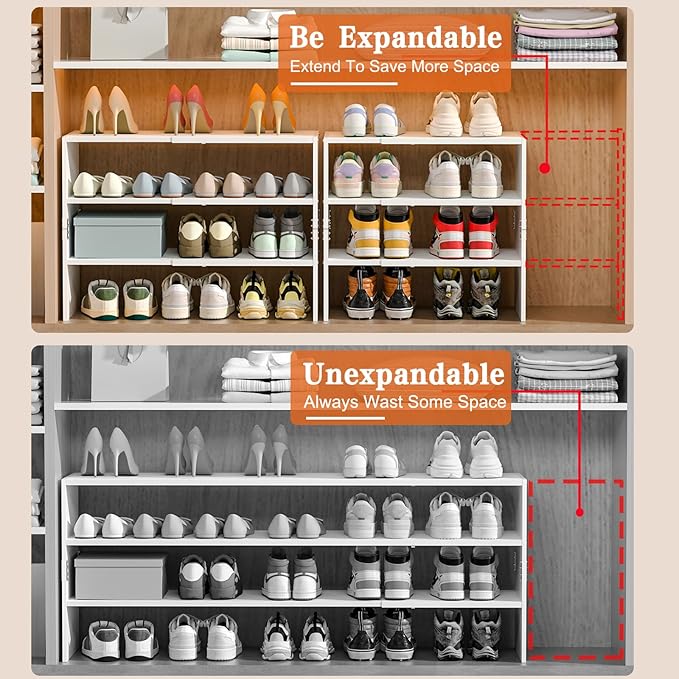 White Shoe Rack Organizer for Closet, 3-Tier Expandable Shoe Shelf, Stackable Iron Wood Combination Shoe Racks Shelves for Closets, Entryway,Small Space,Hallway,Garage,Holds 8-16 Pairs of Shoes