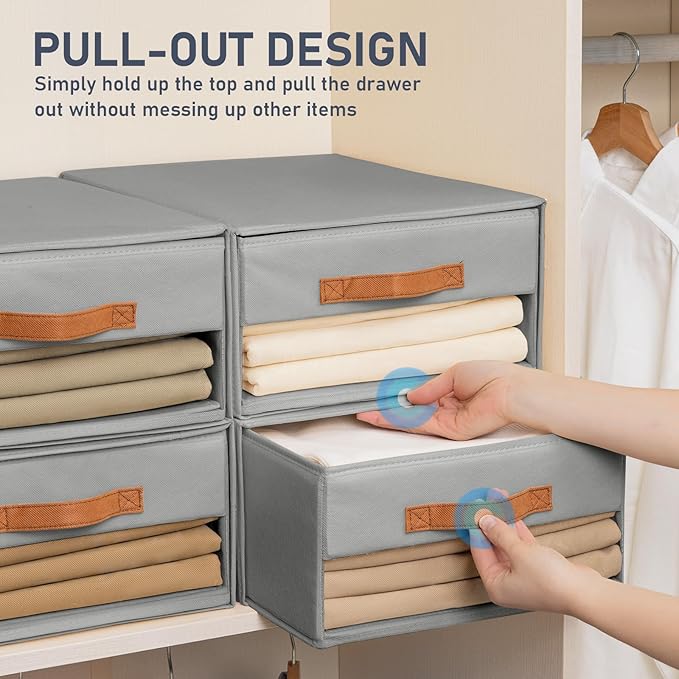DIMJ Closet Organizers and Storage - Foldable Storage Bins with Drawers Pull-Out Stackable Storage Drawers with Clear Window,Fabric Clothes Organizers and Storage Drawers for Closet, 6-Pack, Grey