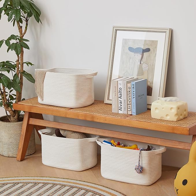 R RUNKA Cotton Rope Basket Set of 3 (15"x10.2"x9.1") - Rectangle Storage Bins - Versatile Toy Storage Organizer - Perfect for Kids, Dog Toys, Books, Shelves - White