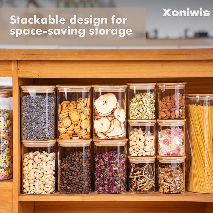 3-Pack 1.6Qt Square Glass Storage Jars with Bamboo Lids, Pantry Storage Containers for Neat Organization, Ideal for Minimalist Kitchen Organizer, Nut, Coffee Beans, Oats, Cookie, Candy, Flour