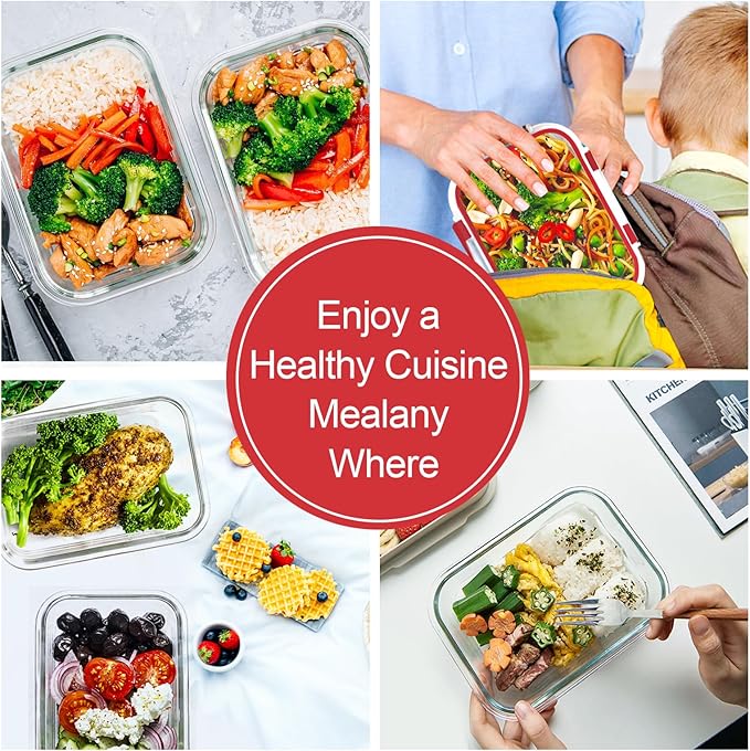 10 Pack 22 OZ Glass Meal Prep Containers, Red