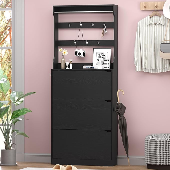Shoe Cabinet with 3 Flip Drawers & Coat Rack, Narrow Hidden Shoe Storage Cabinet