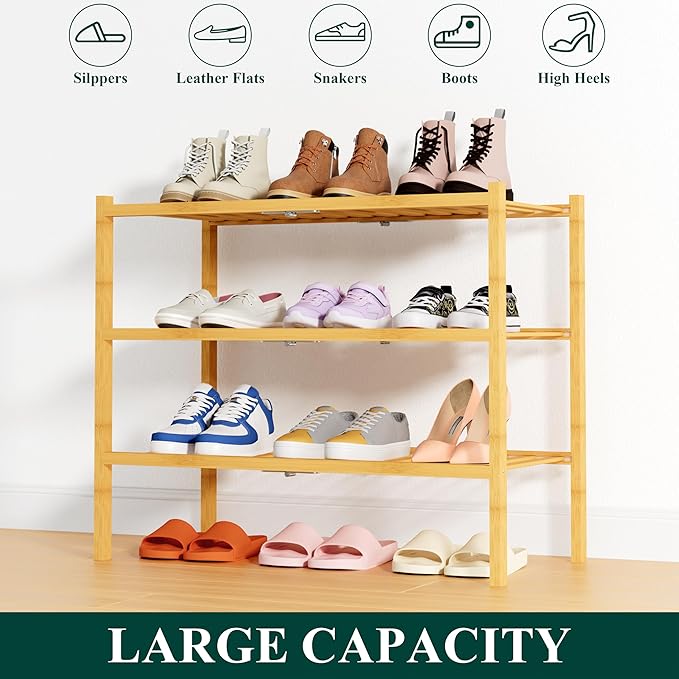 Smiry Bamboo Shoe Rack, 3 Tier Free Standing Wooden Shoe Organizer, Stackable Wood Shoe Storage Shelf for Closet, Entryway, 14 Vertical Slats, 2+1 Stack Heavy-Duty Legs, 26.8"x11"x19.5", Natural