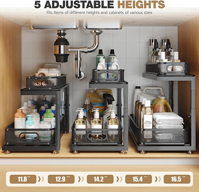 2-Pack 18.5 IN Depth Under Sink Organizer With Next-Gen Ball-Bearing Slides,Sophisticated Mesh 2-Tier Pull Out Shelf for Kitchen & Bathroom,Fits Small Items-Gun Gray