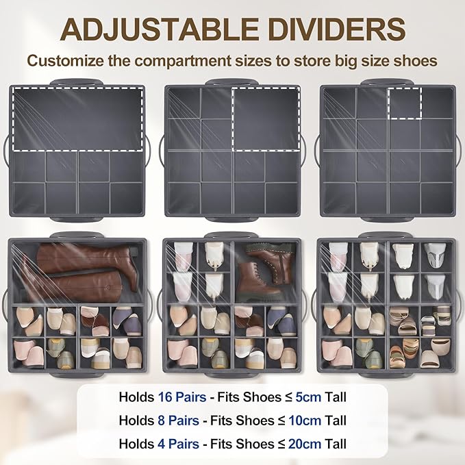 Large Shoe Organizer for Closet, Adjustable Dividers Shoe Storage Box Bins with Wheels Clear Cover Reinforced Handle Side Pocket Fits up to 16 Pairs, Foldable Shoe Organizer for Entryway Grey