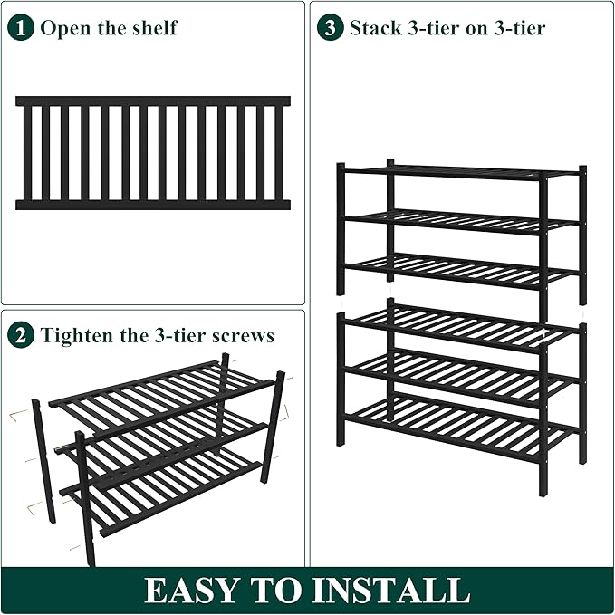 Smiry Bamboo Shoe Rack for Closet, 6 Tier Wooden Shoe Organizer, Stackable Wood Shoe Storage Shelf for Entryway, 14 Vertical Slats, 3+3 Stack Heavy-Duty Legs, 26.77"x11.02"x36.61", Black