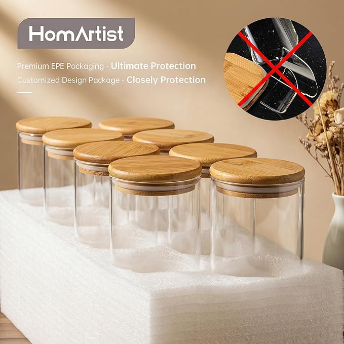 32oz & 21oz - 4 Pack Glass Jars with Bamboo Lids, Glass Pantry Storage Containers with Airtight Lids, Round Air Tigh Food Storage Canisters for Cereal, Pasta, Flour, Sugar, Best for Kitchen Organizer