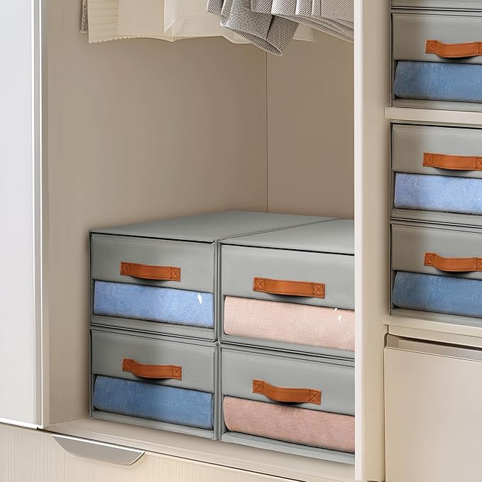 DIMJ Closet Organizers and Storage - Foldable Storage Bins with Drawers Pull-Out Stackable Storage Drawers with Clear Window,Fabric Clothes Organizers and Storage Drawers for Closet, 6-Pack, Grey