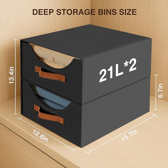 Homsorout Large Stackable Storage Bins - Fabric Pull-out Closet Shelf Organizer, Linen Closet Organizers and Storage, Decorative Storage Boxes for Bedroom, Office, Dorm, 3 Pack, Black