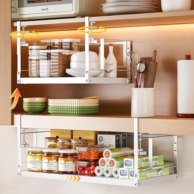 prueBox Under Shelf Storage Basket Organizer Adjustable Hanging Holder with Knob Lock, Heavy Duty Metal Panel for Pantry, Kitchen, Office, Closet Holds 50 lbs, 11.8"-19.3" Wide, White, 1 Pack
