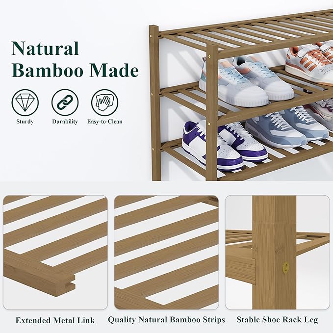 Smiry Bamboo Shoe Rack, 3 Tier Free Standing Wooden Shoe Organizer, Stackable Wood Shoe Storage Shelf for Closet, Entryway, 14 Vertical Slats, 2+1 Stack Heavy-Duty Legs, 26.8"x11"x19.5", Walnut