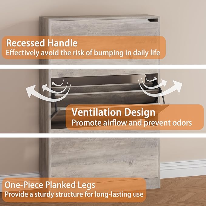 Shoe Storage Cabinet, Wood Shoe Organizer for Entryway with 3 Flip Drawers, Freestanding Shoe Rack with Adjustable Shelf, Narrow Shoe Dresser for Front Door Entrance(Grey, 47.2" x 31.5" x 9.25")