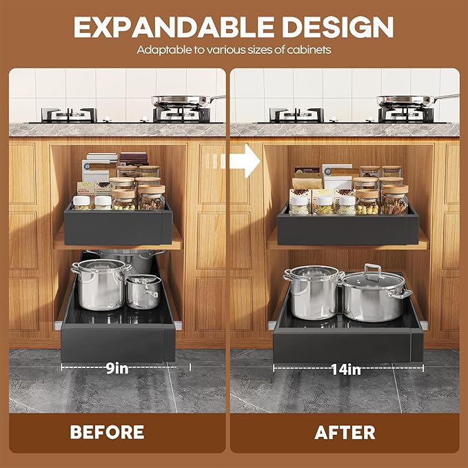 Seinloes 4 Pack Expandable (9"-14") Pull Out Cabinet Organizer 21" Deep With Raising Pad for Framed Cabinets,Upgrade 3 Slide Rails Slide Out Drawers,No Drill Roll Out Shelves Adhesive,Black