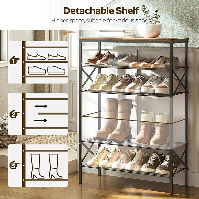 YATINEY 6-Tier Shoe Rack, Shoe Storage Organizer for Closet, Free Standing Shoe Organizer with Metal Mesh Shelves, 24 Pairs of Shoes, Rustic Brown and Black SS06BR