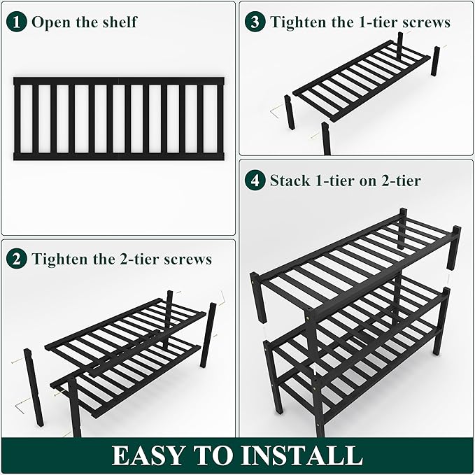 Smiry Bamboo Shoe Rack, 3 Tier Free Standing Wooden Shoe Organizer, Stackable Wood Shoe Storage Shelf for Closet, Entryway, 14 Vertical Slats, 2+1 Stack Heavy-Duty Legs, 26.8"x11"x19.5", Black