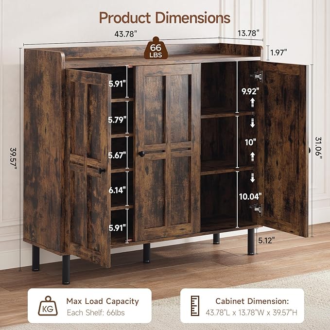 5+2 Tier Shoe Storage Cabinet with 3 Doors, 40" Tall Entryway Cabinet for 30 Pairs Shoe, Shoe Rack Organizer with 5 Adjustable Shelves & Metal Legs, Shoe Storage for Front Door Entrance, Rustic Brown