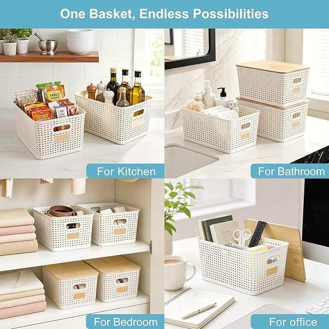 2 Pack Tall Plastic Storage Bins with Bamboo Lids, Cream White