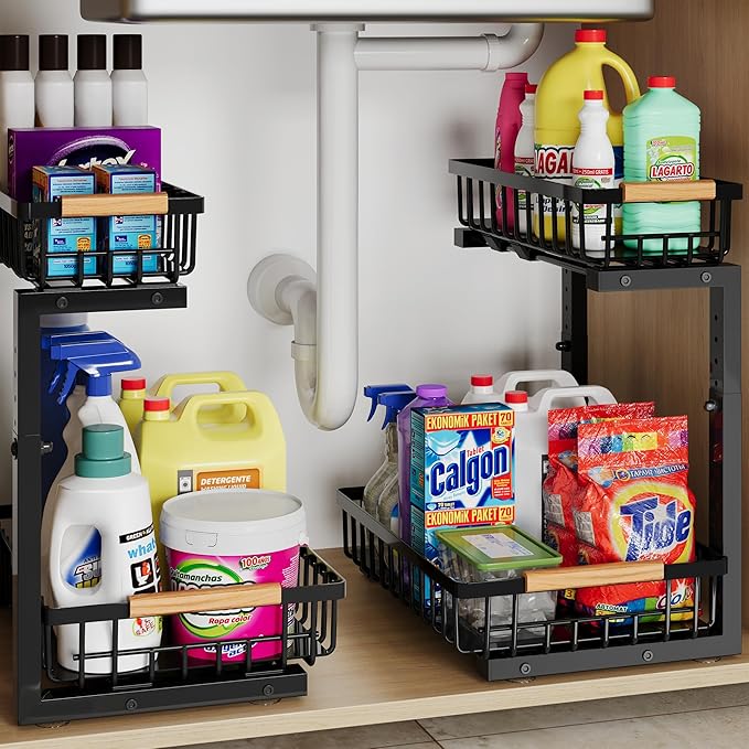 Under Sink Organizer Storage for Families, Black,2 Pack