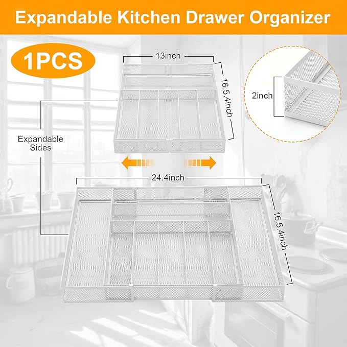 1 Pcs Utensil Drawer Silverware Organizer, Metal Mesh Expandable 13" 24" Kitchen Drawer Organizer, 7-9 Slots Cutlery Tray Dividers for Kitchen Flatware Christmas Housewarming Gift (White)
