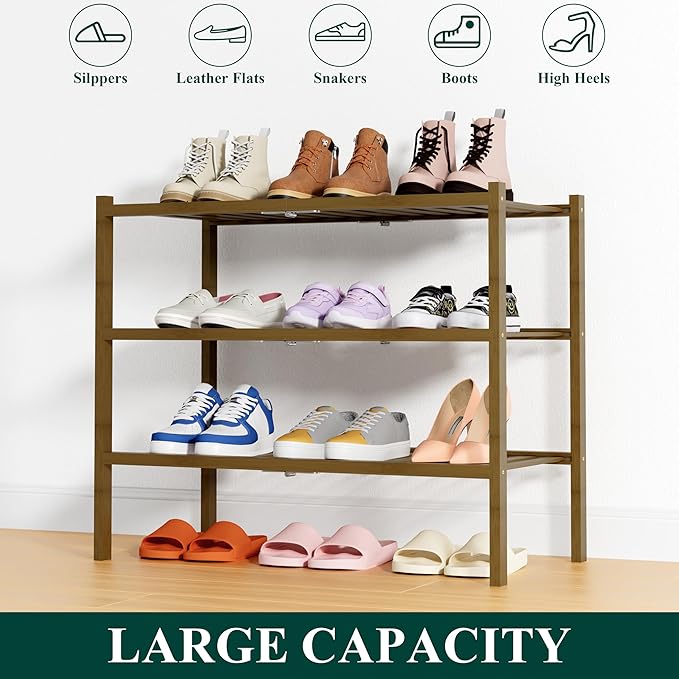 Smiry Bamboo Shoe Rack, 3 Tier Free Standing Wooden Shoe Organizer, Stackable Wood Shoe Storage Shelf for Closet, Entryway, 14 Vertical Slats, 2+1 Stack Heavy-Duty Legs, 26.8"x11"x19.5", Walnut
