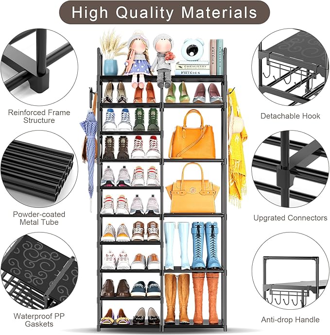 Kottwca 2 Row 10 Tier Tall Shoe Rack Organizer for Closet Entryway, 40-45 Pair Shoe Boot Storage Rack, Metal Shoe Shelf Small Vertical Stackable Shoe Stand for Bedroom Corner