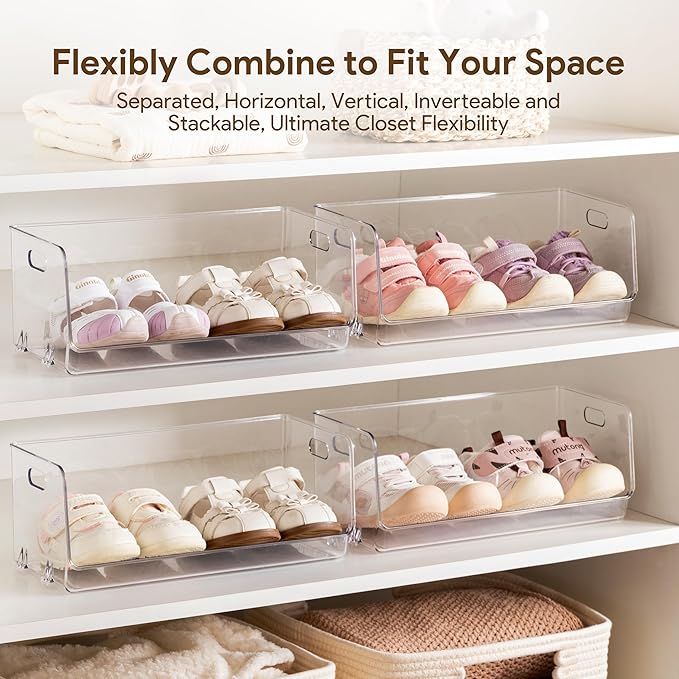 HBlife Clear Acrylic Kids Shoe Rack Baby Toddler Shoe Storage Organizer for Closet Floor Entryway Bedroom, 4 Tier Stackable Small Shoe Rack Shelf Display Stand