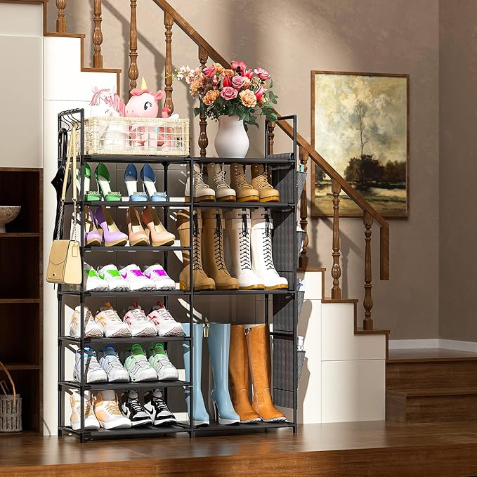 Kottwca 7 Tiers Shoe Rack Metal Shoe Organizer for Entryway Closet, 24-28 Pairs Stackable Shoe and Boots Shelf Storage Cabinet with Hooks and Side Hanging Pockets for Bedroom, Garage, Black