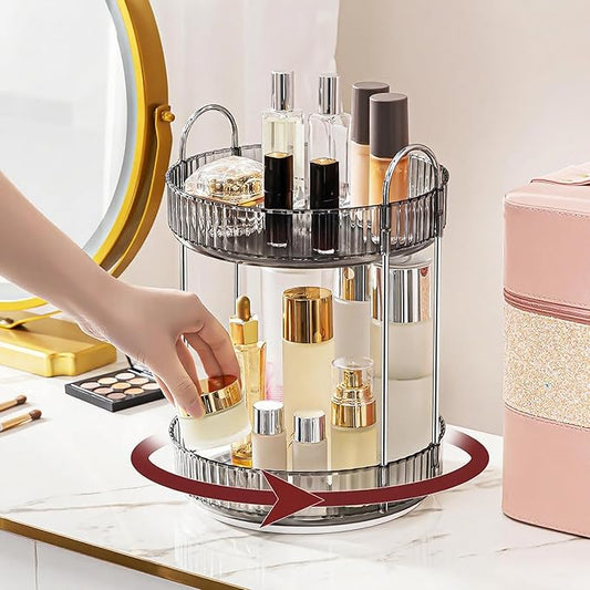 360° Rotating Makeup Organizer, 2 Tiers, Gray