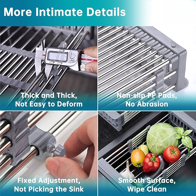 Dish Drying Rack, Stainless Steel Dish Drainer with Adjustable Arms Holder Functional Kitchen Sink Organizer for Vegetable and Fruit, Gray Large