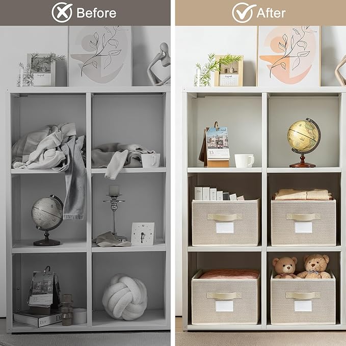 11 Inch Storage Cubes for Organizing, Sturdy Textured Fabric Storage Baskets with Leather Handles & Label Slot, Foldable Closet Shelf Organizer Bins for Clothes, Nursery & Bedroom (4, Beige)