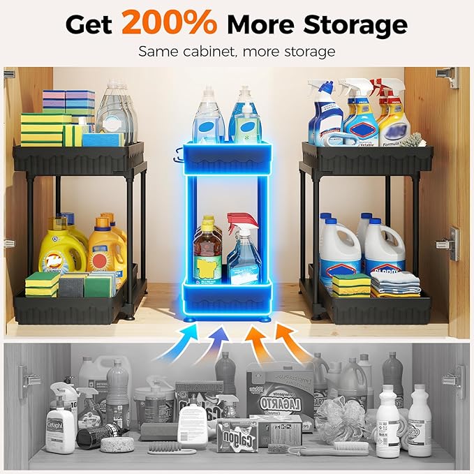Sevenblue 3 Pack Under Sink Organizer, 2 Tier Slide Out Bathroom Cabinet Organizer, Multi-Purpose Storage Shelf for Kitchen, Black, 12.8Inch
