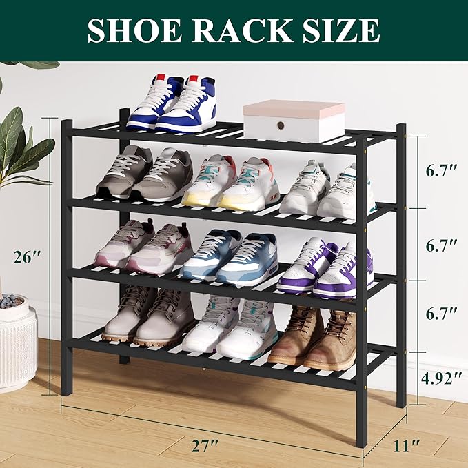 Smiry Bamboo Shoe Rack for Closet, 4 Tier Wooden Shoe Organizer, Stackable Wood Shoe Storage Shelf for Entryway, 14 Vertical Slats, 2+2 Stack Heavy-Duty Legs, 26.77"x11.02"x25.98", Black