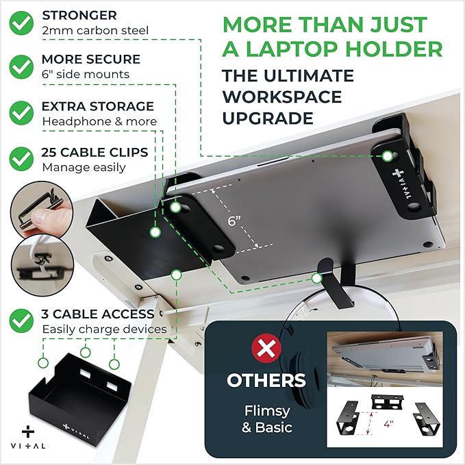 VI+AL Under Desk Laptop Mount - Hidden Metal Shelf with Side Storage, Hook & Cable Organizer - Installs with Tape & Screws - Fits Devices up to 1.7" Thick - Deluxe