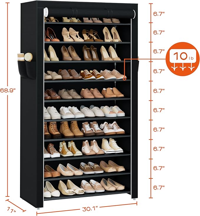 Shoe Rack with Covers, 10 Tiers Tall Shoe Rack Organizer, SRT103B01