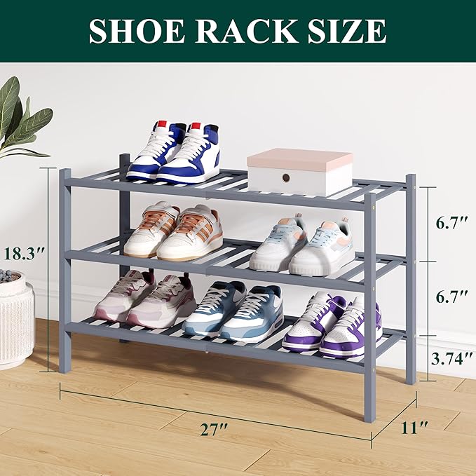 Smiry Bamboo Shoe Rack for Closet, 3 Tier Wooden Shoe Organizer, Stackable Wood Shoe Storage Shelf for Entryway, 14 Vertical Slats, One-piece Heavy-Duty Legs, 26.77"x11.02"x18.31", Grey