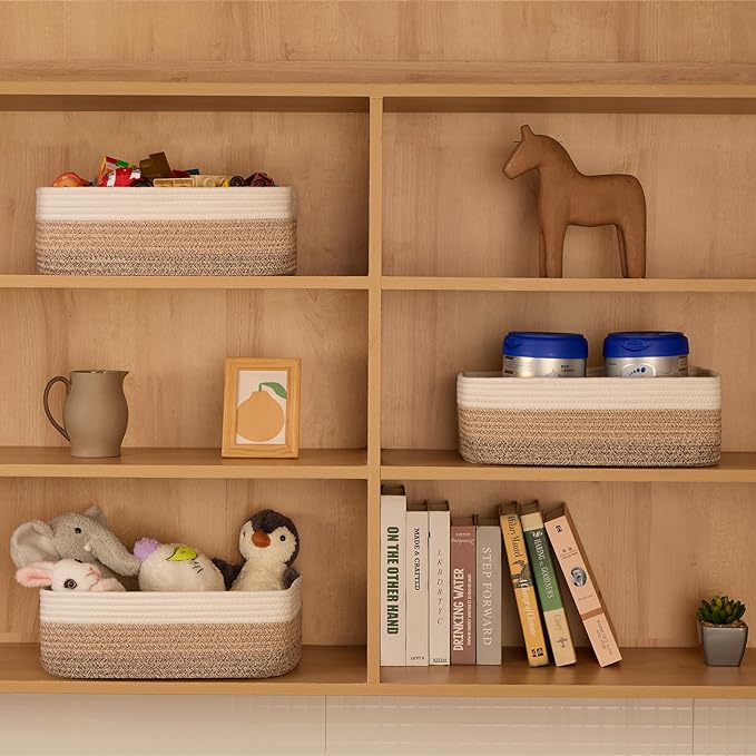 MiniArk Large Shallow Organizing Baskets 15x11x5.1 Inches - Rope Woven Storage Bins for Bathroom, Shelves, Cube Closet, Gradient Brown 2 Packs