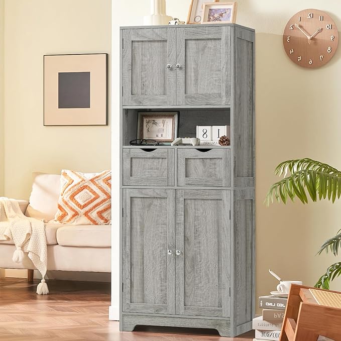 TEENFON 57.8" H Tall Storage Cabinet with 2 Drawers & 2 Adjustable Shelves, Bathroom Storage Cabinet with 4 Doors, Floor Cupboard, for Living Room, Dining Room, Entryway, Woodgrain Gray