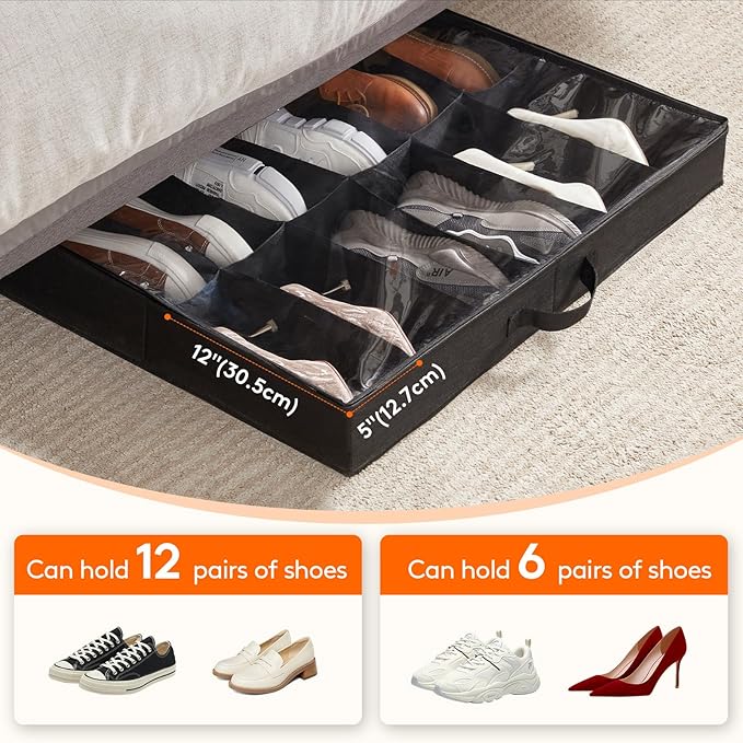 Lifewit Under Bed Shoe Storage Organizer 1 Pack(12 Shoes Cells), 4.3 Inches Profile Fabric Shoes Container Box with Clear Cover, Foldable Storage Bag with 2 Handles, Fits 6 to 12 Pairs