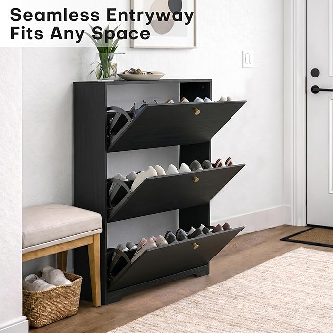 Nicetree Shoe Cabinet with 3 Flip Drawers, Narrow Shoe Organizer Cabinet, Freestanding Shoe Rack Cabinet, Modern Shoe Storage Cabinet for Entryway, Hallway, Foyer, Black with Hook