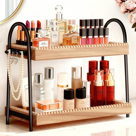 2-Tier Bathroom Countertop Organizer with 8 Hooks -Wooden Perfume & Makeup