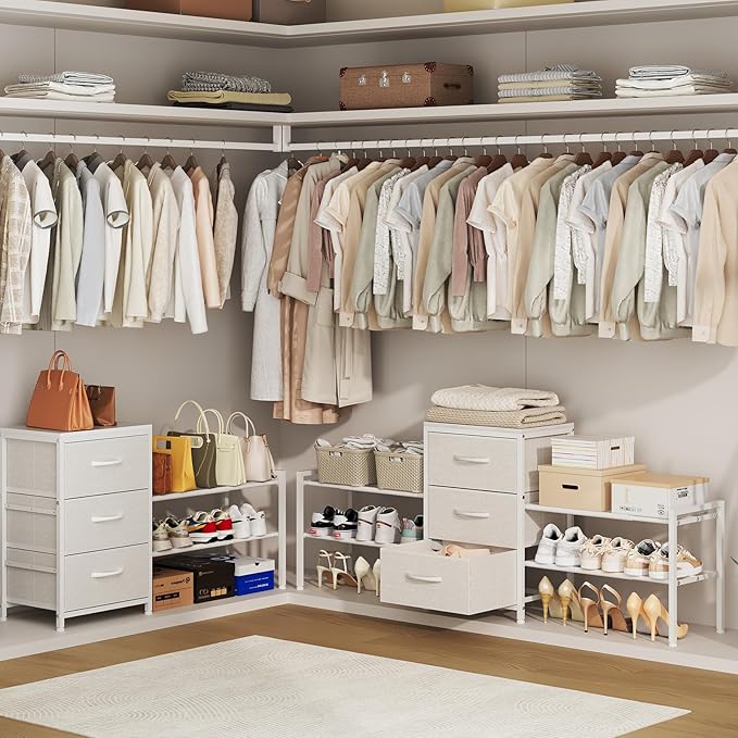 Cidaziya Expandable Closet Organizers and Storage,Wide Long 3 Drawer Dresser,White Fabric Storage Dresser, Clothes Shelves for Kids, Purse Organizer Small Shoe Rack for Closet Bedroom(47.24~71.47in)